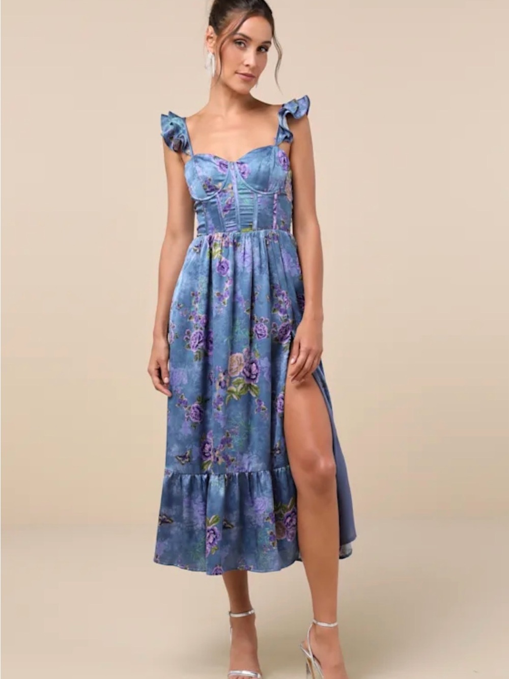 Lulu's Lavender-Blue Floral Ruffle-Shoulder Midi Dress